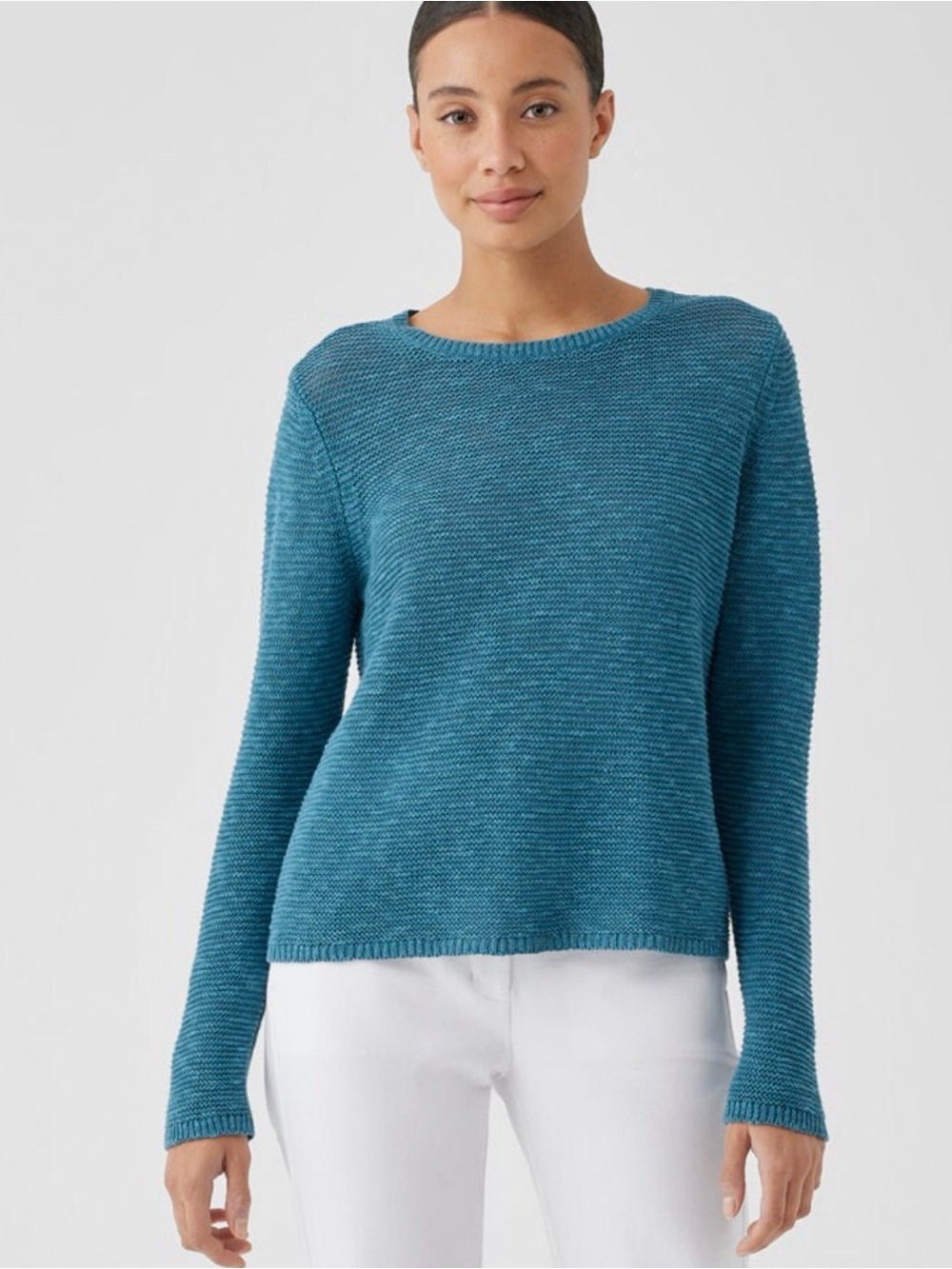 Classy Chic Eileen Fisher Organic Linen Cotton Slub Crew Neck Pullover Teal Sz S